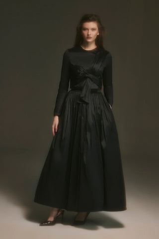 Long-Sleeve Dress with Front Tie Detail - Black
