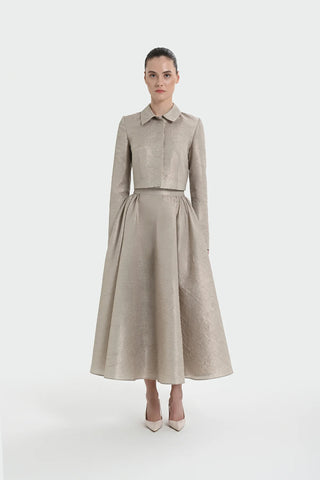 Shirt Collar Cropped Jacket & Skirt Set - Beige