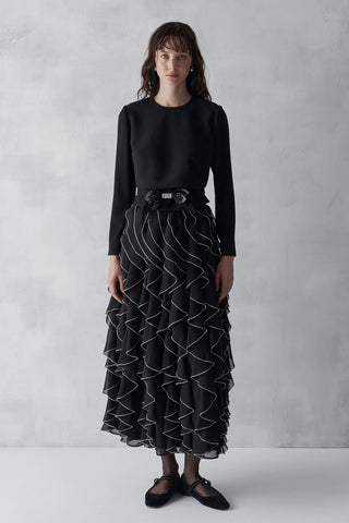 Bow Waist Ruffle Detail Top & Skirt Set - Black