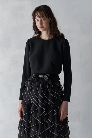 Bow Waist Ruffle Detail Top & Skirt Set - Black