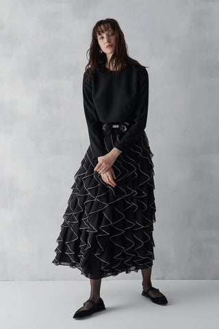 Bow Waist Ruffle Detail Top & Skirt Set - Black