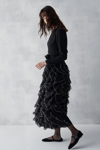 Bow Waist Ruffle Detail Top & Skirt Set - Black