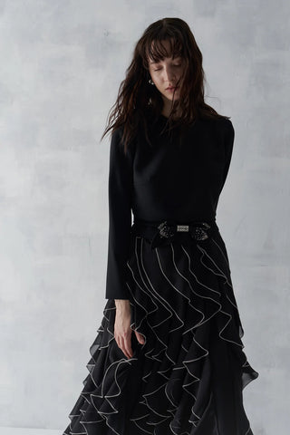 Bow Waist Ruffle Detail Top & Skirt Set - Black