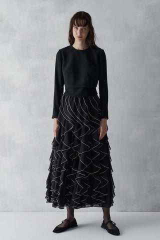 Bow Waist Ruffle Detail Top & Skirt Set - Black