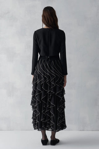 Bow Waist Ruffle Detail Top & Skirt Set - Black