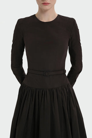 Belted Long Sleeve Evening Gown - Brown