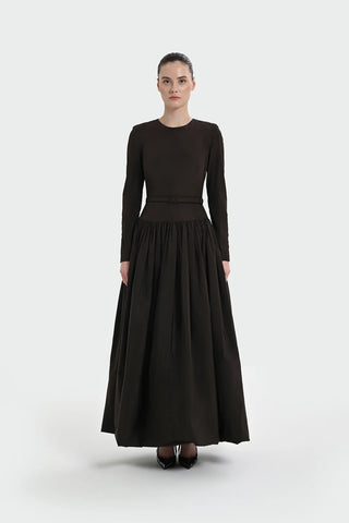 Belted Long Sleeve Evening Gown - Brown