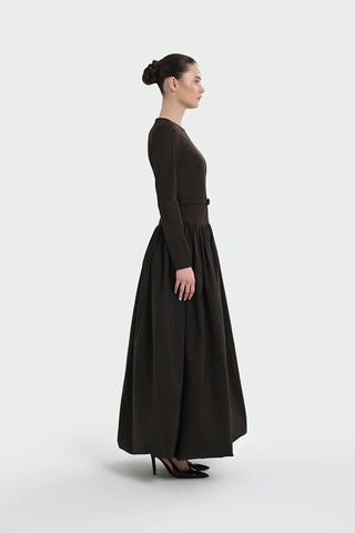 Belted Long Sleeve Evening Gown - Brown