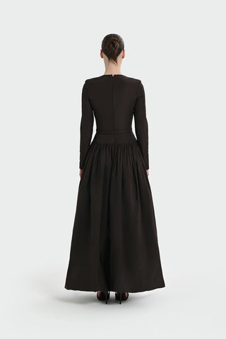 Belted Long Sleeve Evening Gown - Brown