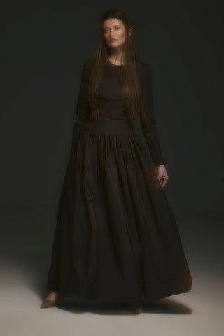 Long-Sleeved Evening Dress with Belt Detail - Brown