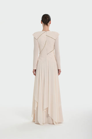 Pleated Evening Dress with Asymmetric Stone Embellishment - Cream