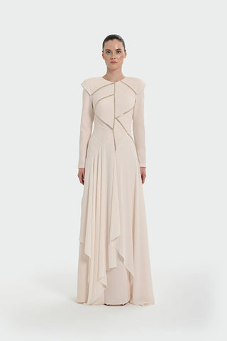 Pleated Evening Dress with Asymmetric Stone Embellishment - Cream