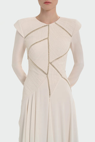 Pleated Evening Dress with Asymmetric Stone Embellishment - Cream