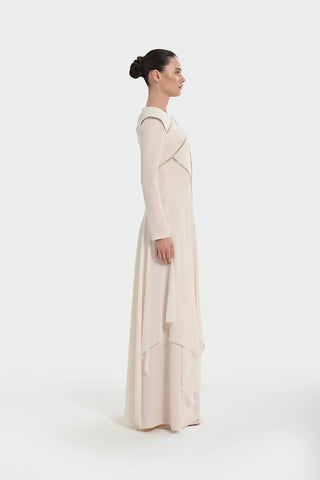 Pleated Evening Dress with Asymmetric Stone Embellishment - Cream