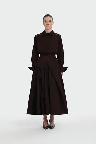 Belted Shirt Collar Midi Dress - Plum