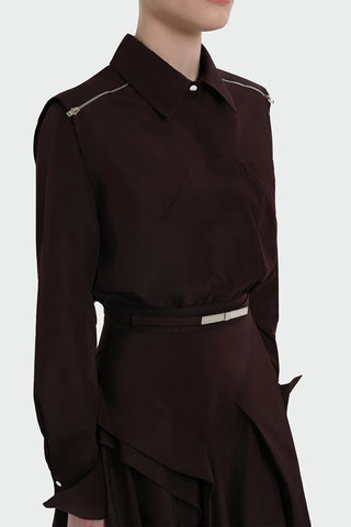 Belted Shirt Collar Midi Dress - Plum