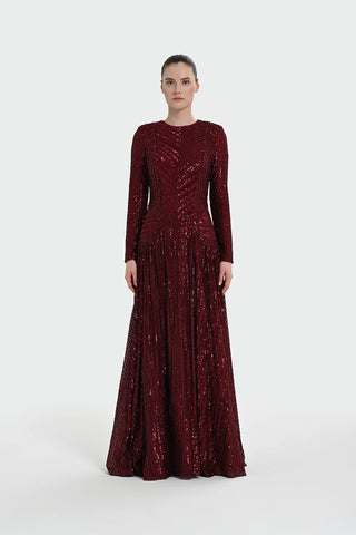 Chevron Sequin Evening Gown - Bordeaux