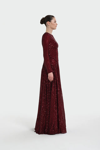Chevron Sequin Evening Gown - Bordeaux