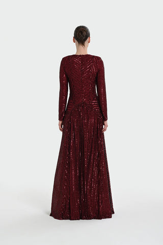 Chevron Sequin Evening Gown - Bordeaux
