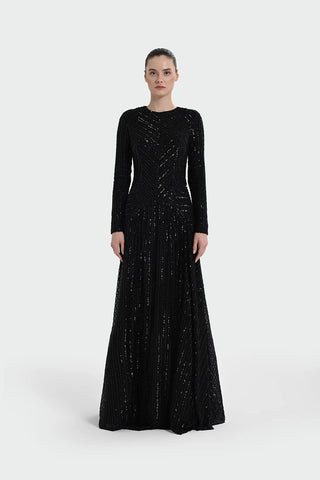 Chevron Sequin Evening Gown - Black