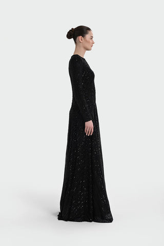 Chevron Sequin Evening Gown - Black