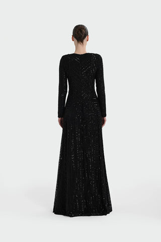 Chevron Sequin Evening Gown - Black