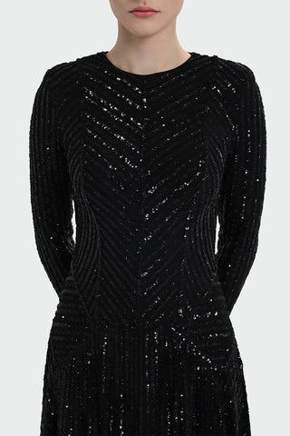 Chevron Sequin Evening Gown - Black