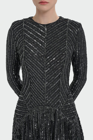 Chevron Sequin Evening Gown - Anthracite