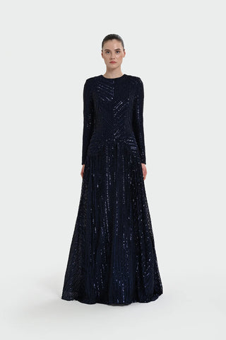 Chevron Sequin Evening Gown - Navy