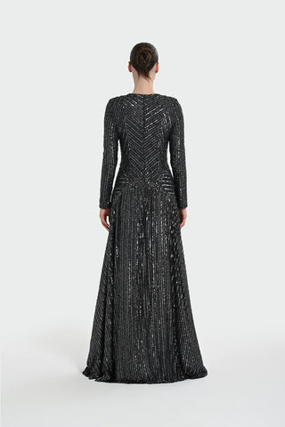 Chevron Sequin Evening Gown - Anthracite