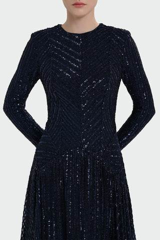 Chevron Sequin Evening Gown - Navy