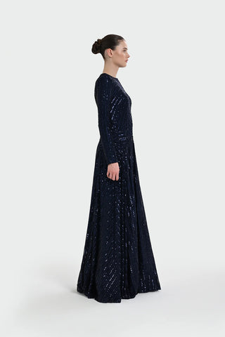 Chevron Sequin Evening Gown - Navy