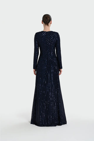 Chevron Sequin Evening Gown - Navy