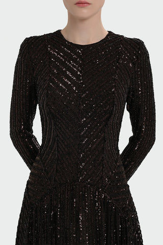 Chevron Sequin Evening Gown - Brown