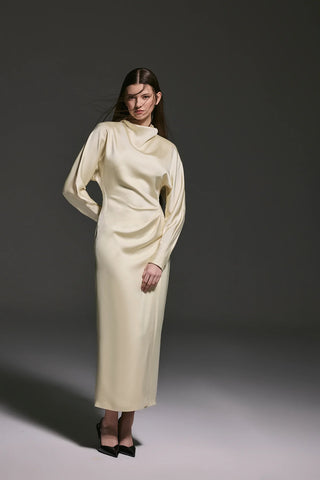 Ruched Waist Satin Midi Dress - Yellow