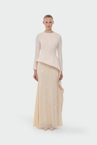 Long-Sleeve Asymmetric Sequin Evening Set - Cream
