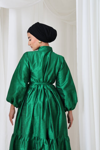 Satin Maxi Dress with Balloon Sleeves & Waist Bow