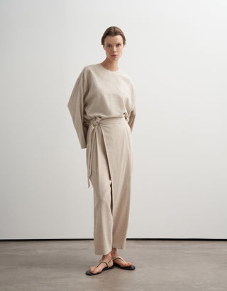 Wrap-Front Linen Blend Tapered Trousers – Natural