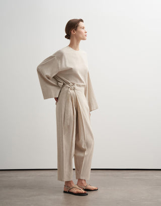 Wrap-Front Linen Blend Tapered Trousers – Natural