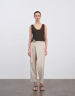Wrap-Front Linen Blend Tapered Trousers – Natural