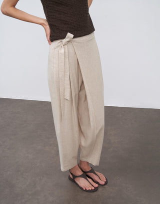 Wrap-Front Linen Blend Tapered Trousers – Natural
