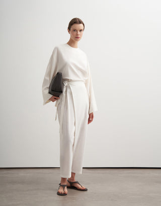 Wrap-Front Linen Blend Tapered Trousers – Ecru