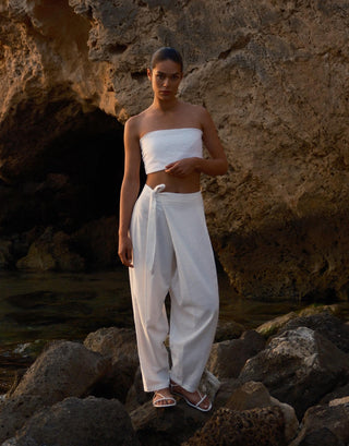 Wrap-Front Linen Blend Tapered Trousers – Ecru