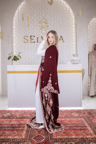 Goldline Couture Embellished Velvet Kaftan – Deep Red
