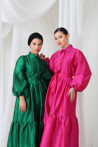 Satin Maxi Dress with Balloon Sleeves & Waist Bow