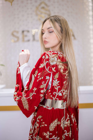 Royal Bloom Embellished Velvet Kaftan – Red