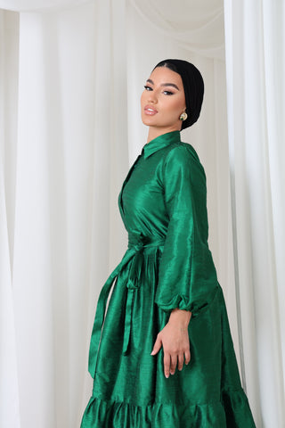 Satin Maxi Dress with Balloon Sleeves & Waist Bow