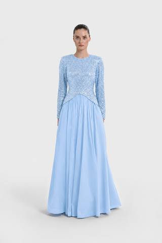Sequin-Embellished Long-Sleeve Evening Gown - Baby Blue