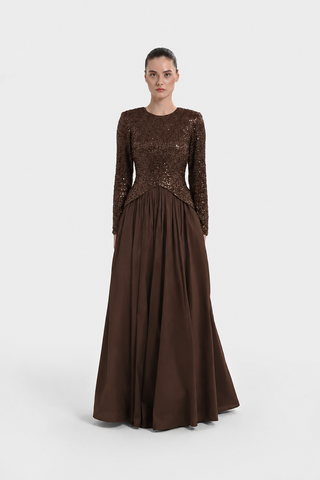 Sequin-Embellished Long-Sleeve Evening Gown - Brown