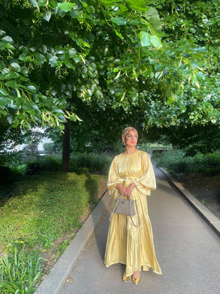 Satin Maxi Dress with Puff Sleeves & Tiered Skirt